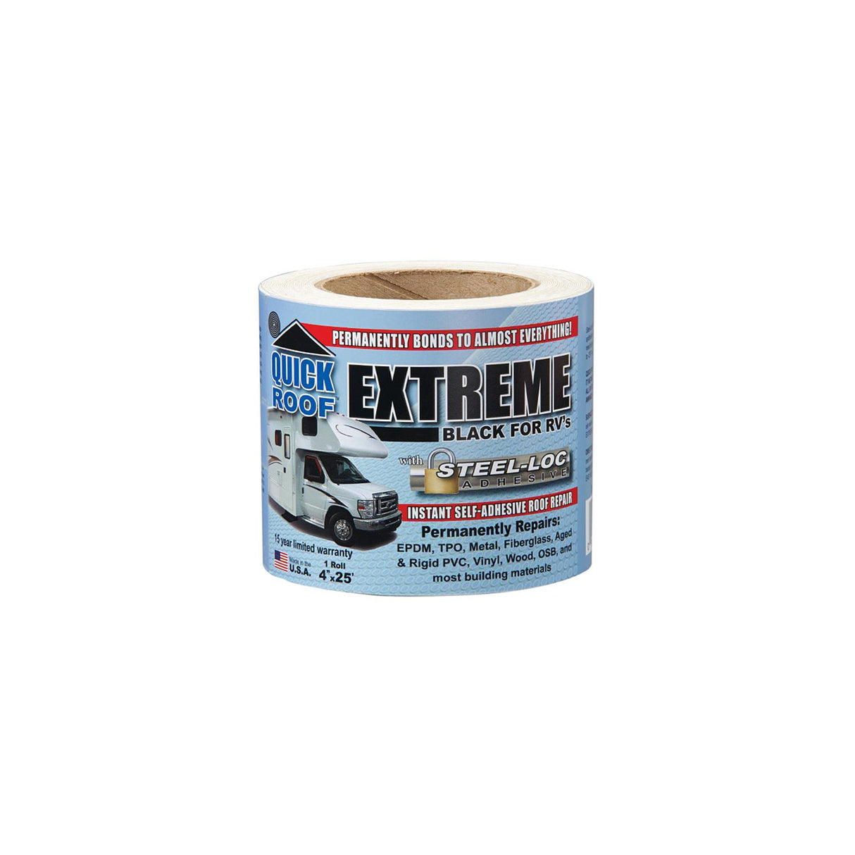 CoFair Products, Inc - Quick Roof Extreme B-UBE425 Instant Self-Adhesive Black Roof Tape for RV's, 4" x 25'