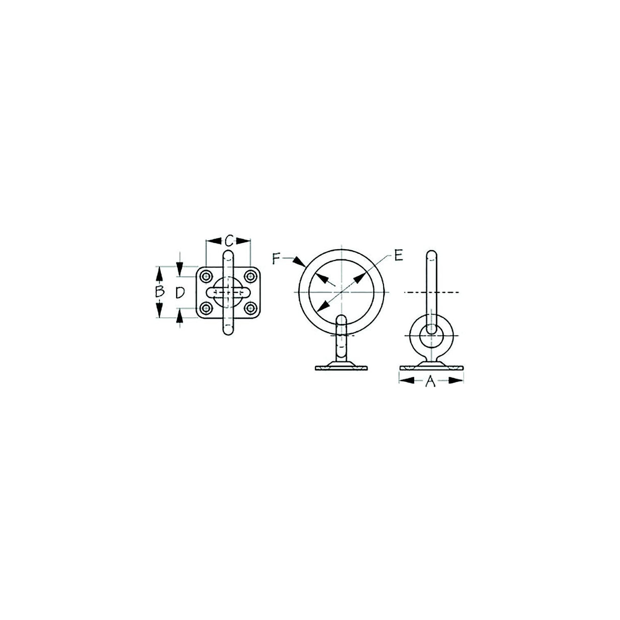Sea-Dog 089513 Swivel Eye Plate with Ring, A:2", B:1-9/16", C:1-3/8", D:1", E: 1-15/16" F:5/16" #10 FH