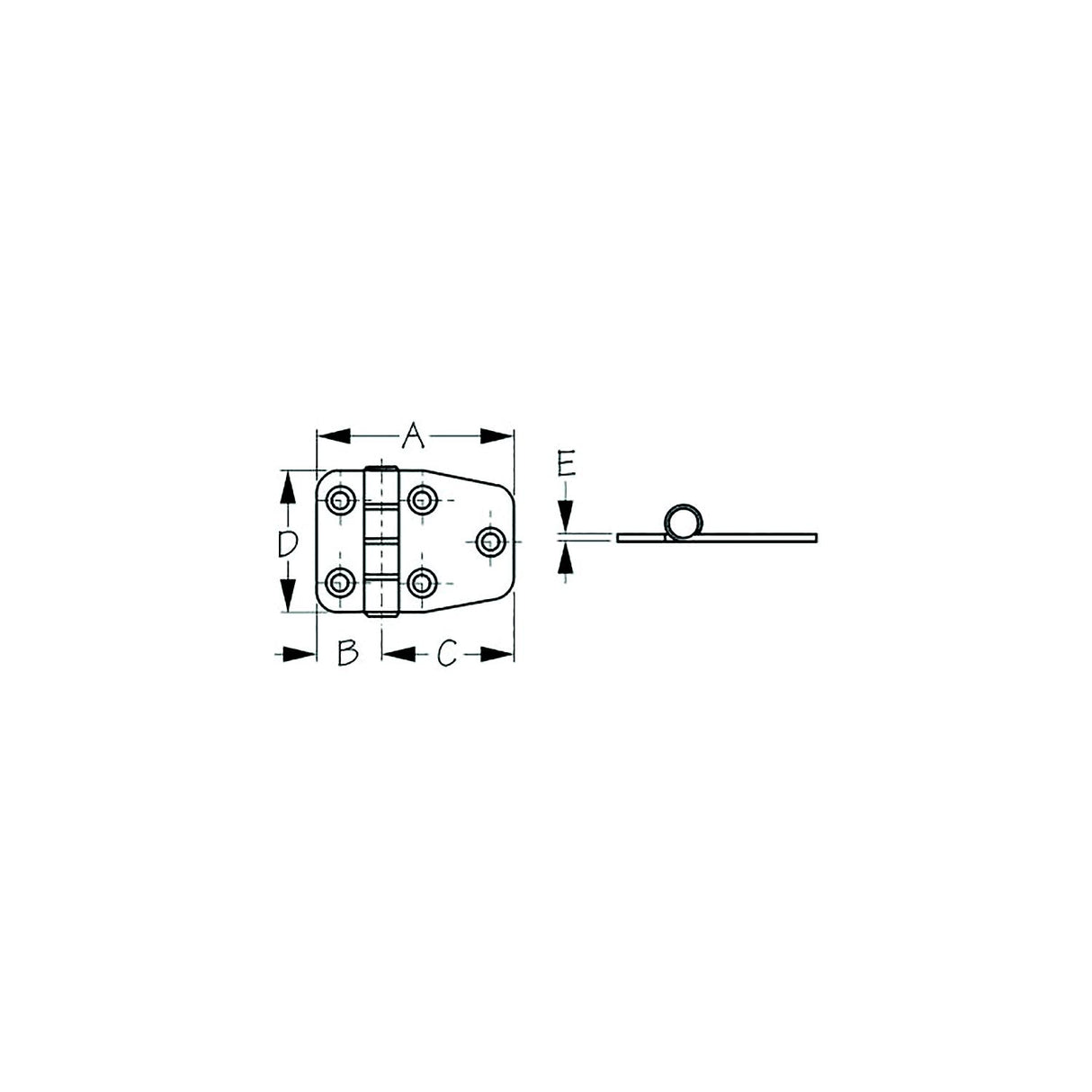 Sea-Dog 2035101 Dampening Short Side Door Hinge, #8 FH, Weight= .09/ .18 A= 2-1/8", B=11/16" C= 1-7/16", D= 1-1/2", E= 1/16"
