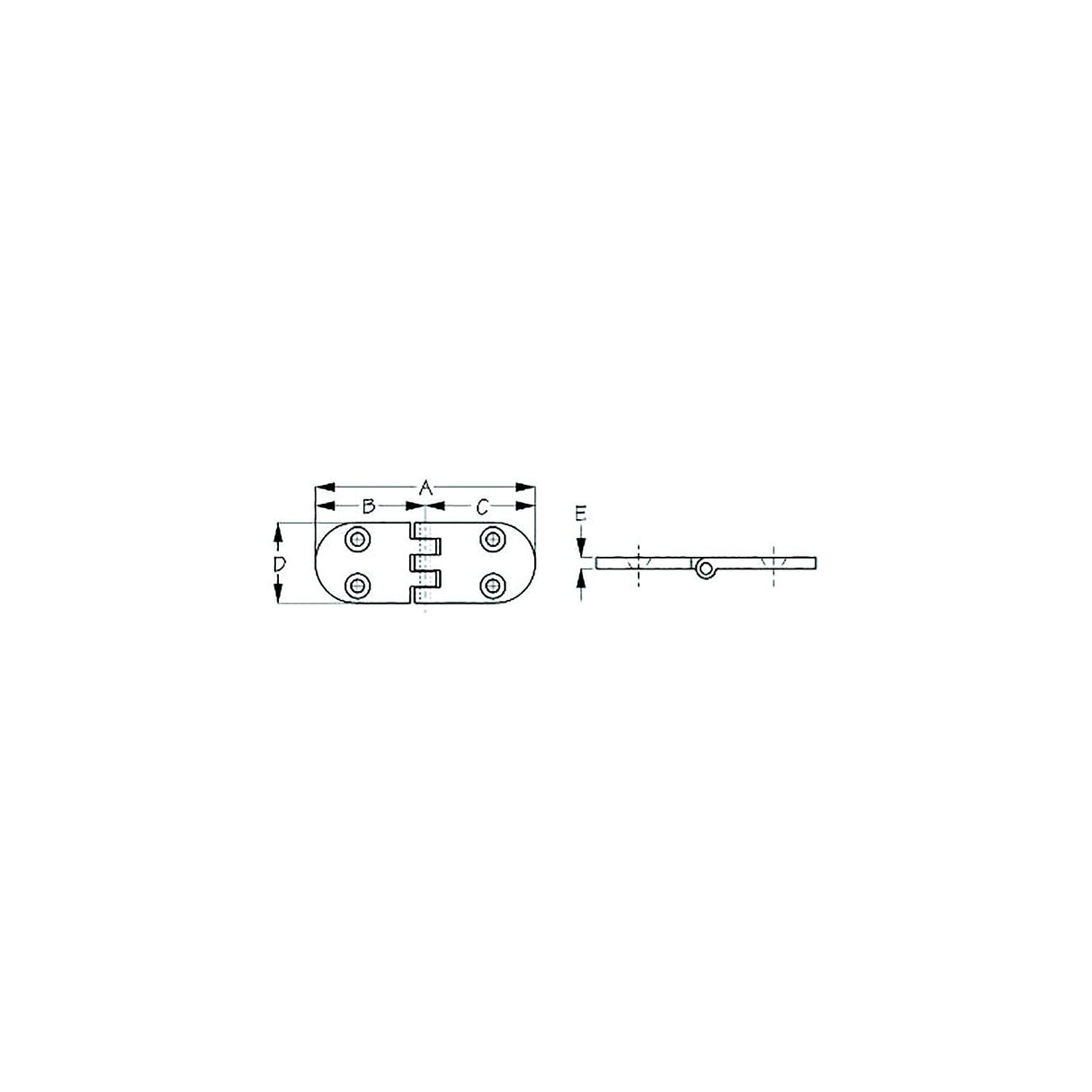 Sea-Dog 2054611 Flush Round Door Hinge, A= 3-1/4", B=1-5/8", C=1-5/8", D=1-3/16", E= 3/16", #10 FH Weight= .16/ .32