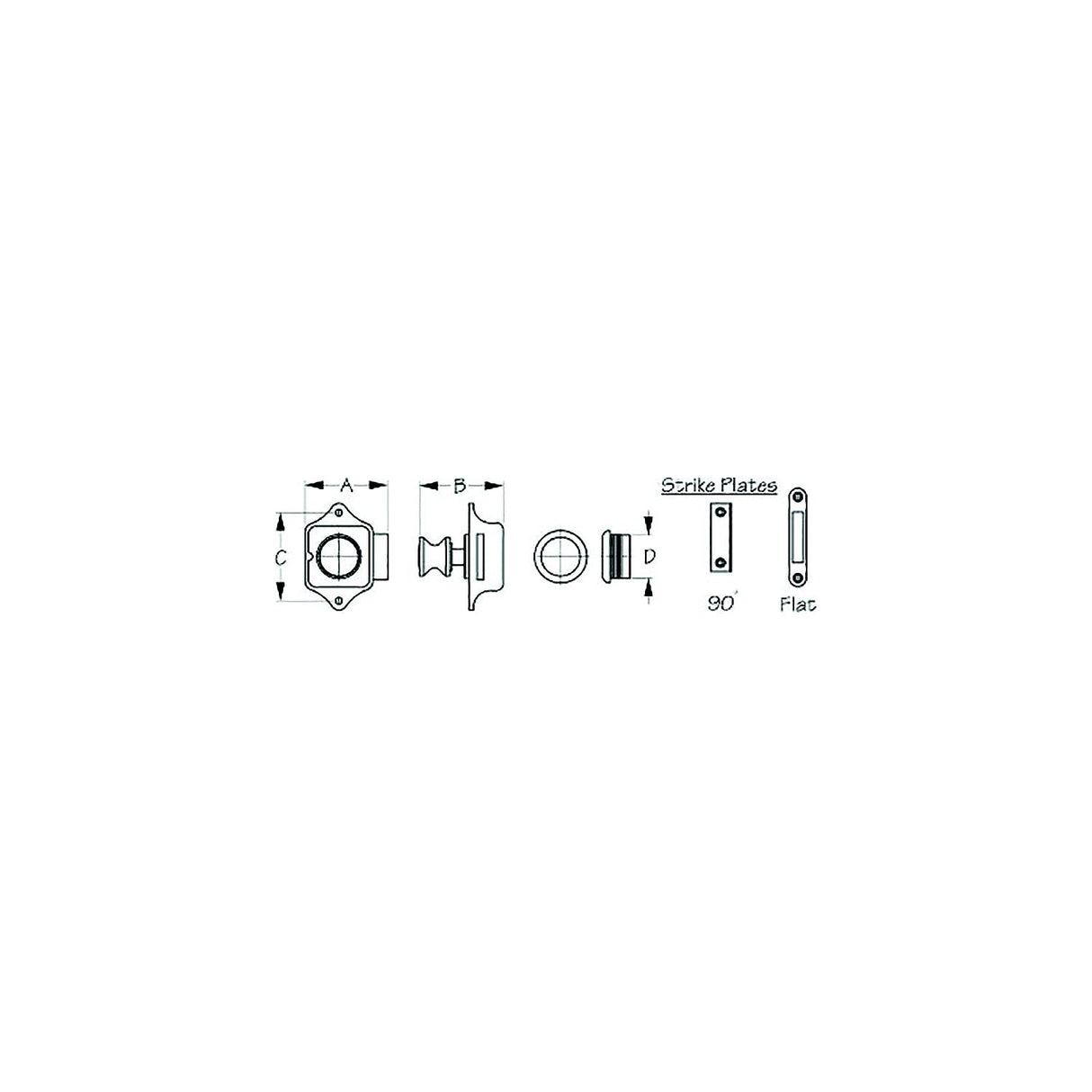 Seadog 2253001 Push Button Rim Latch, A: 1-15/16" , B:1-7/8", C:2-1/16", D:1", #6 RH
