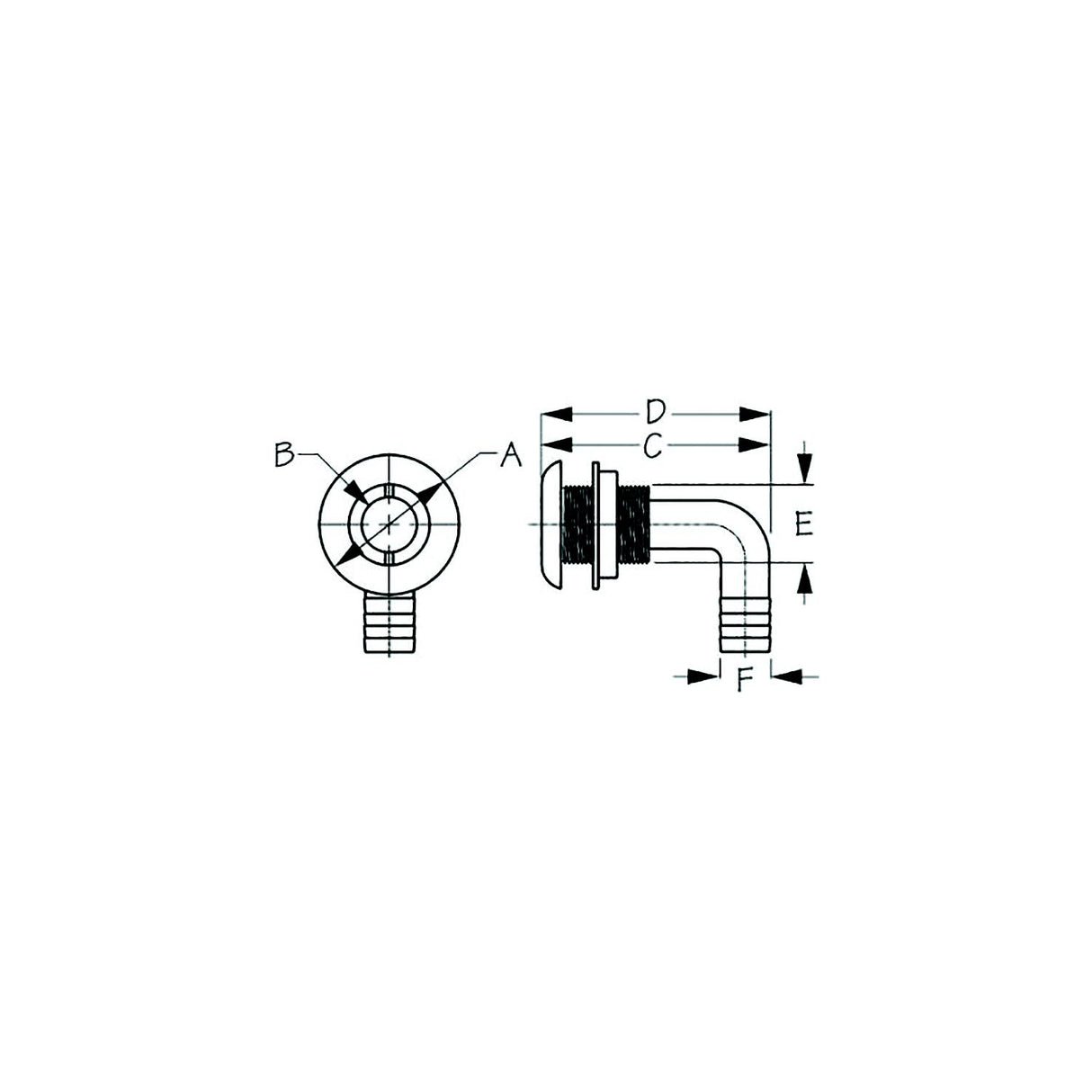Sea-Dog 520835 90° Thru-Hull With Stainless Cap, A:2-3/8", B: 1-1/8", 1-13/16" ,D: 4-5/16", E: 1-9/16" ,F: 1-1/2", Stainless
