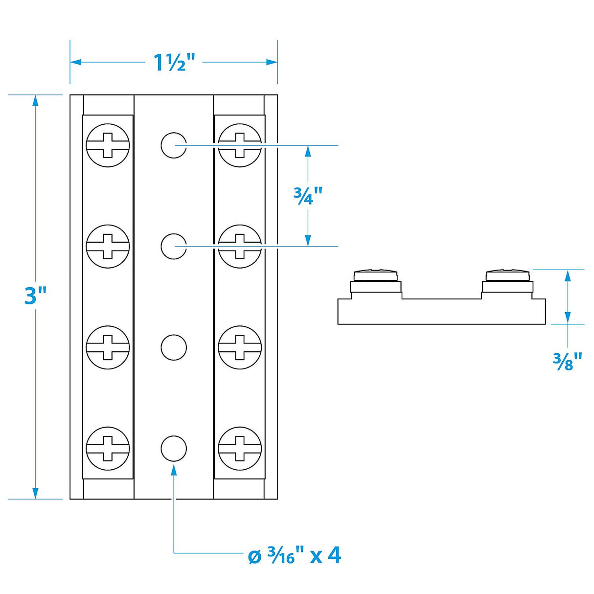 Seachoice Terminal Block, 4-Gang, Plastic Base with Brass Hardware