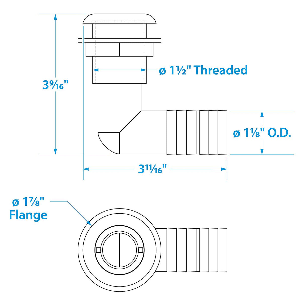 Seachoice 90-Degree Thru-Hull Connector, Fits 1-1/8 In. ID Hose, 1-1/8 In. Max Hull