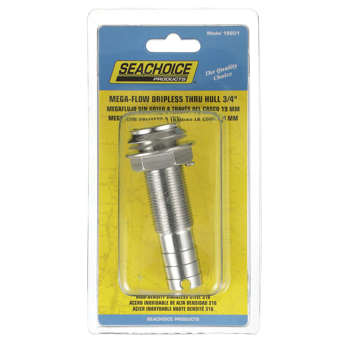 Seachoice Mega-Flow Dripless Thru Hull Fitting, 316 Stainless Steel, Fits 3/4 in. Hose, 1-1/2 in. Max. Hull