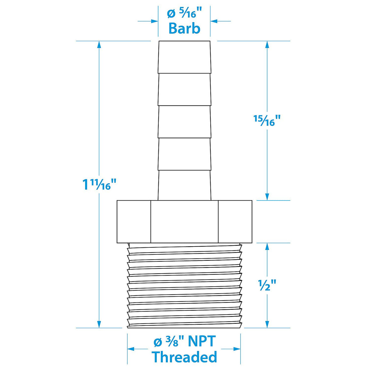 Seachoice Male Hose Barb, 5/16 In. With 3/8 In. Thread