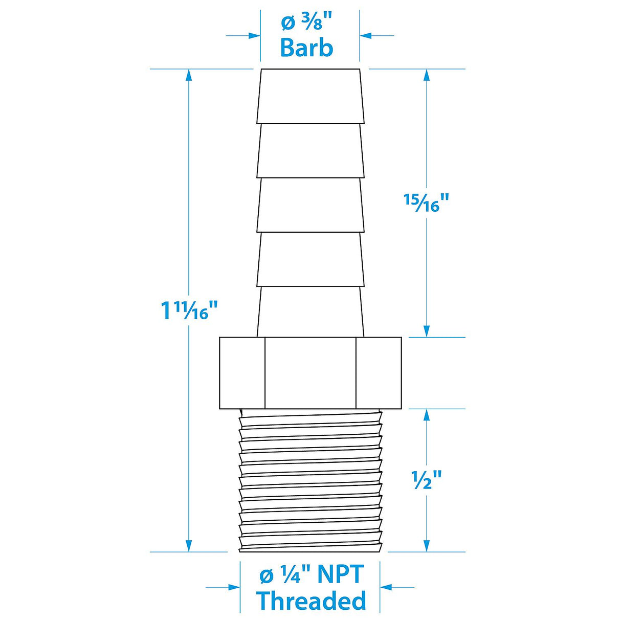 Seachoice Male Hose Barb, 3/8 In. With 1/4 In. Thread