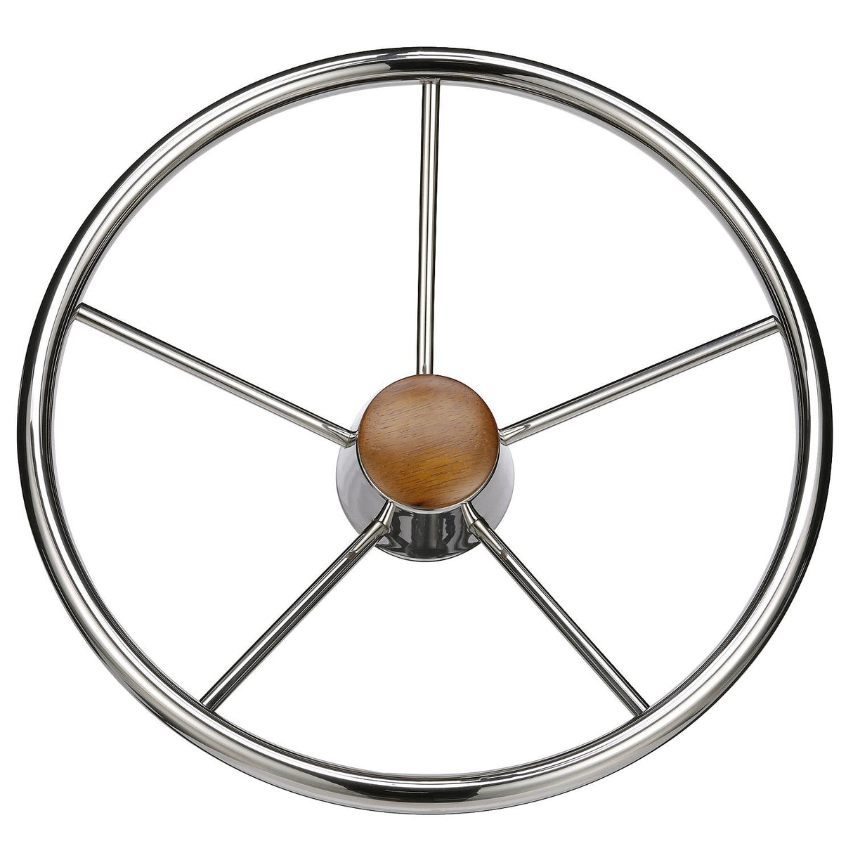 Seachoice 5-Spoke Destroyer Steering Wheel, Stainless Steel, Genuine Teak Center Cap