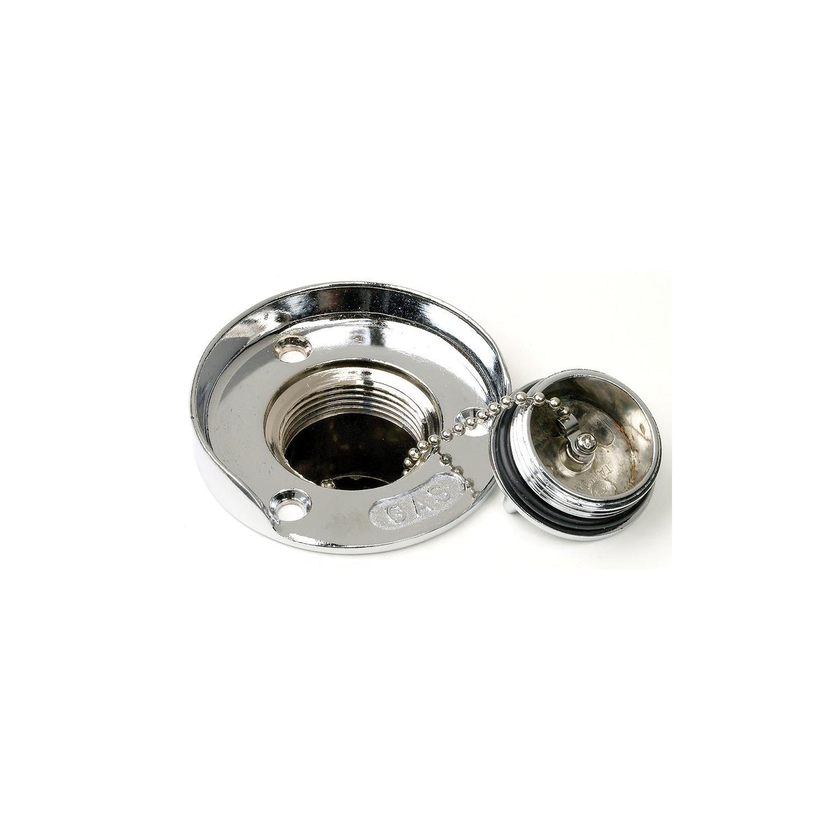 Seachoice Deck Mount Gas Fill Plate w/ Cap, Chrome-Plated Zinc, Includes Rubber Gasket and Beaded Chain Cap Tether