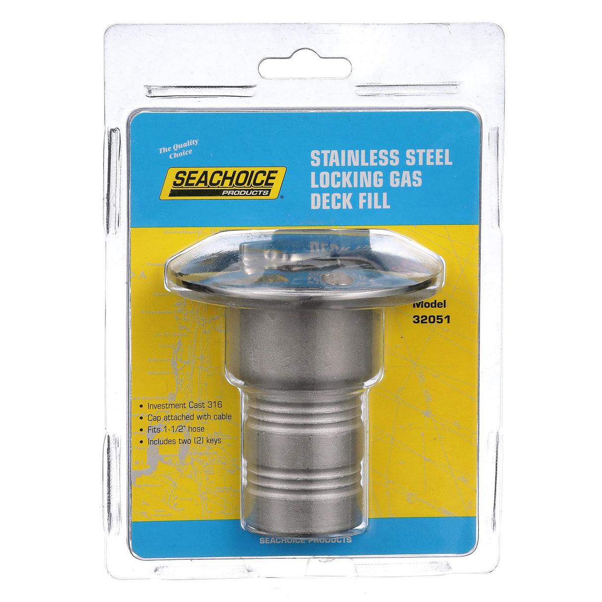 Seachoice 32051 Deck Mount Gas Fill Plate w/ Locking Cap, Cast 316 Stainless Steel, Includes 2 Keys