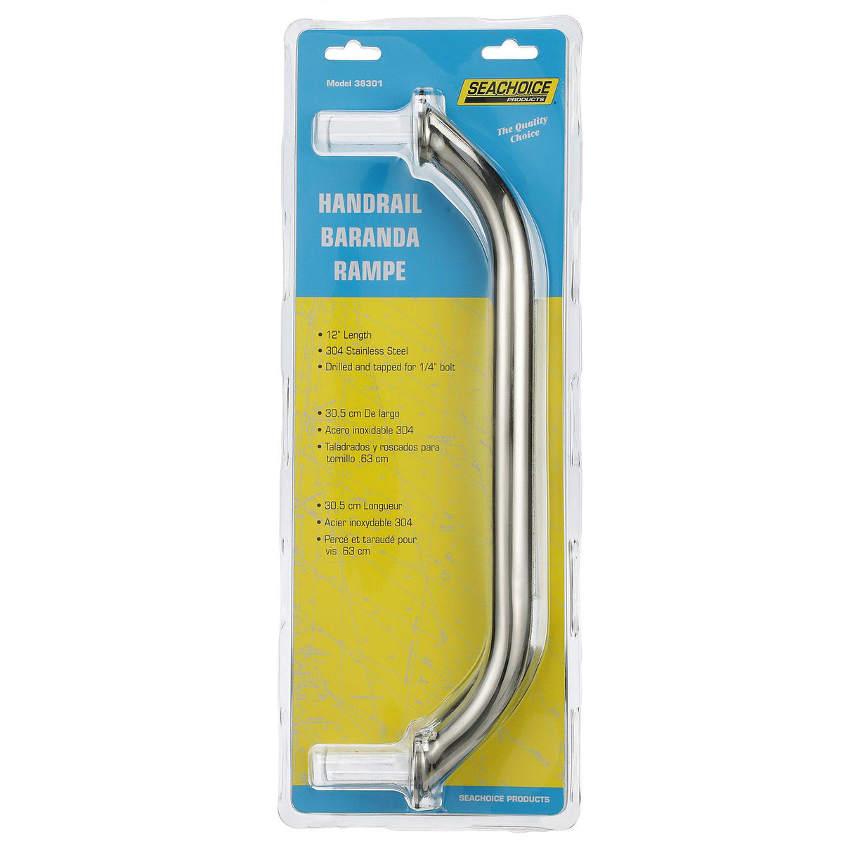 Seachoice Hand Rail, 12 in. Long, 304 Stainless Steel, Accepts 1/4-20 Bolts