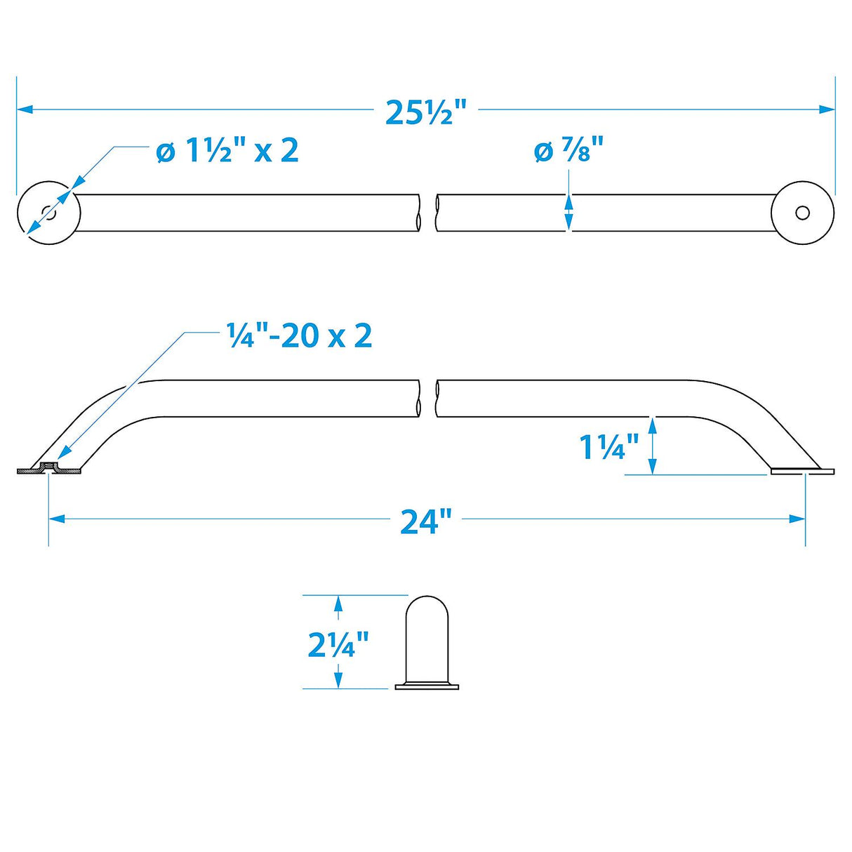 Seachoice Hand Rail, 24 in. Long, 304 Stainless Steel, Accepts 1/4-20 Bolts