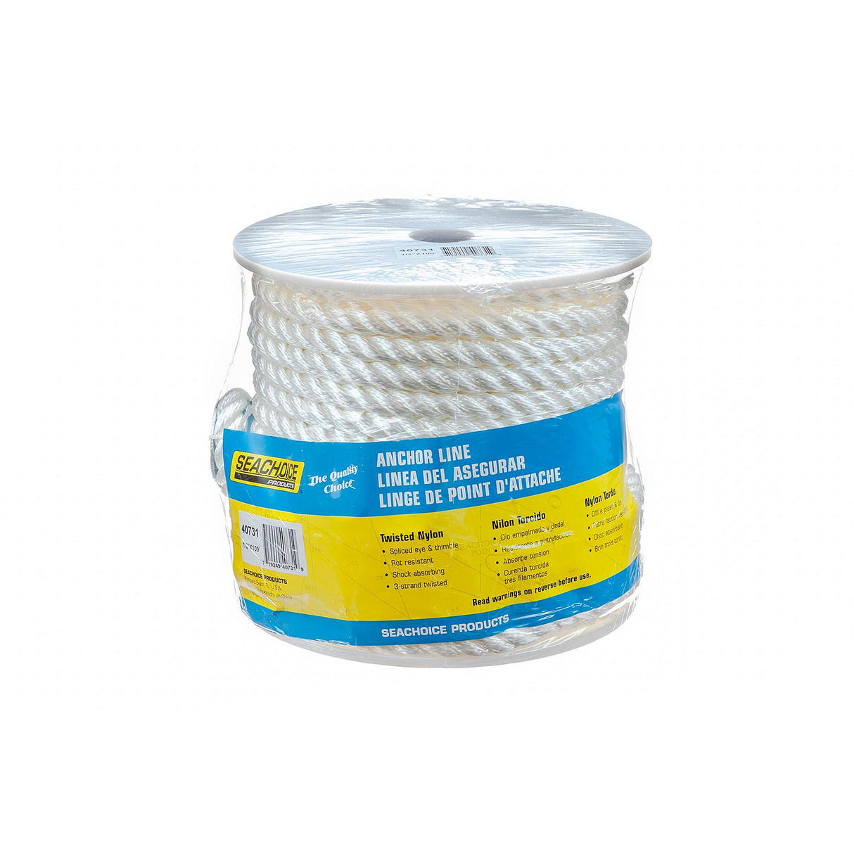 Seachoice Anchor Line Rope, 3-Strand Twisted, White, Nylon, 1/2 in. X 100 Ft.