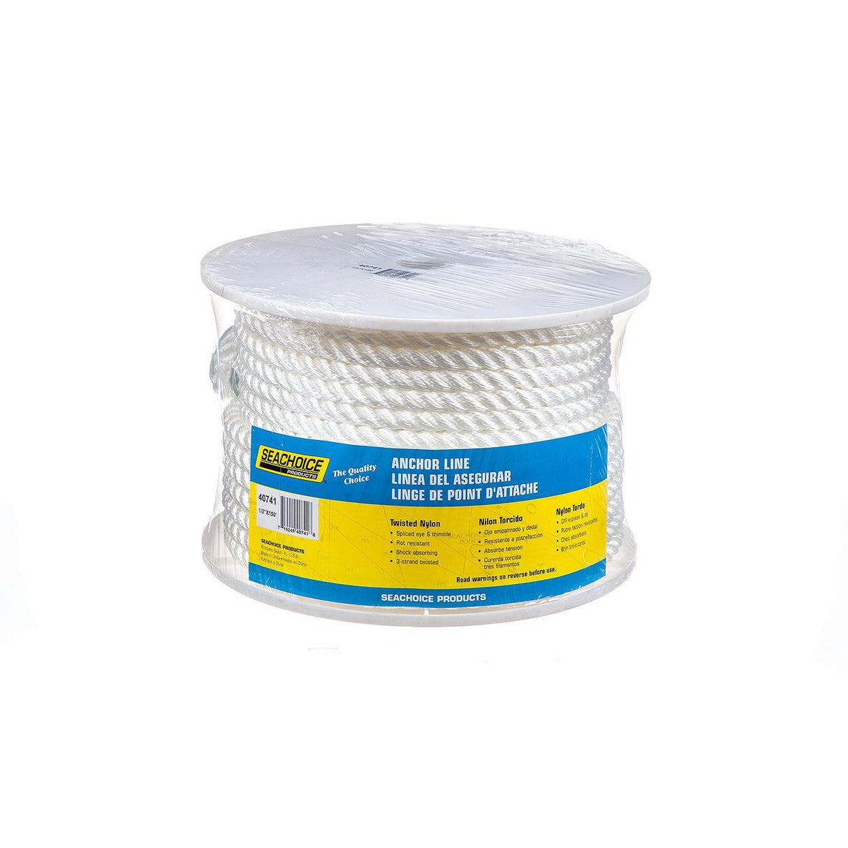 Seachoice Anchor Line Rope, 3-Strand Twisted, White, Nylon, 1/2 in. X 150 Ft.