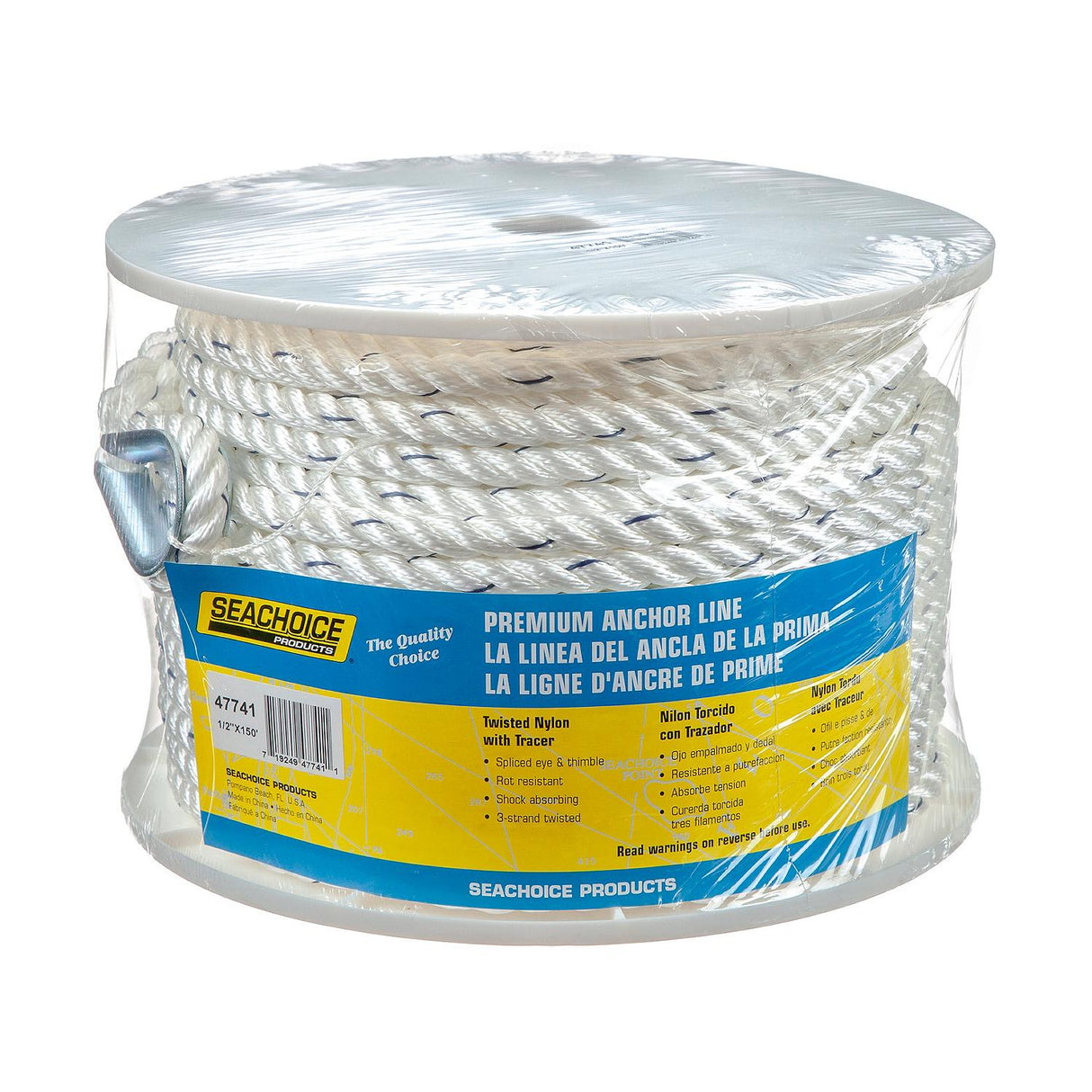 Seachoice 47741 Boat Anchor Line Rope, 3-Strand Twisted, Nylon, White/Blue, 1/2 in. X 150 Ft.