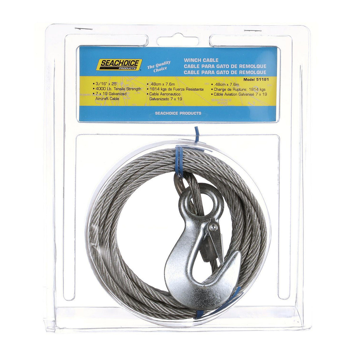 Seachoice Steel Winch Cable w/ Safety Hook, 3/16 In. X 25 Ft., 4,000-Lb. Tensile Strength