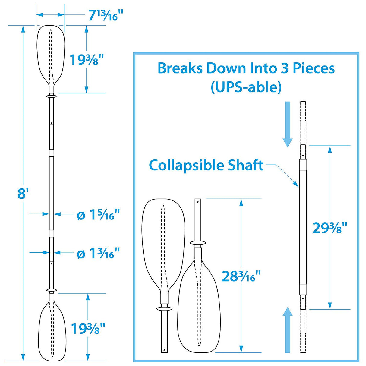 Seachoice 8 Ft. 3-Piece Straight-Blade Kayak Paddle, 19-3/8 In. X 7-3/4 In. Blades, 1-1/8 In. Dia. Anodized Aluminum Shaft