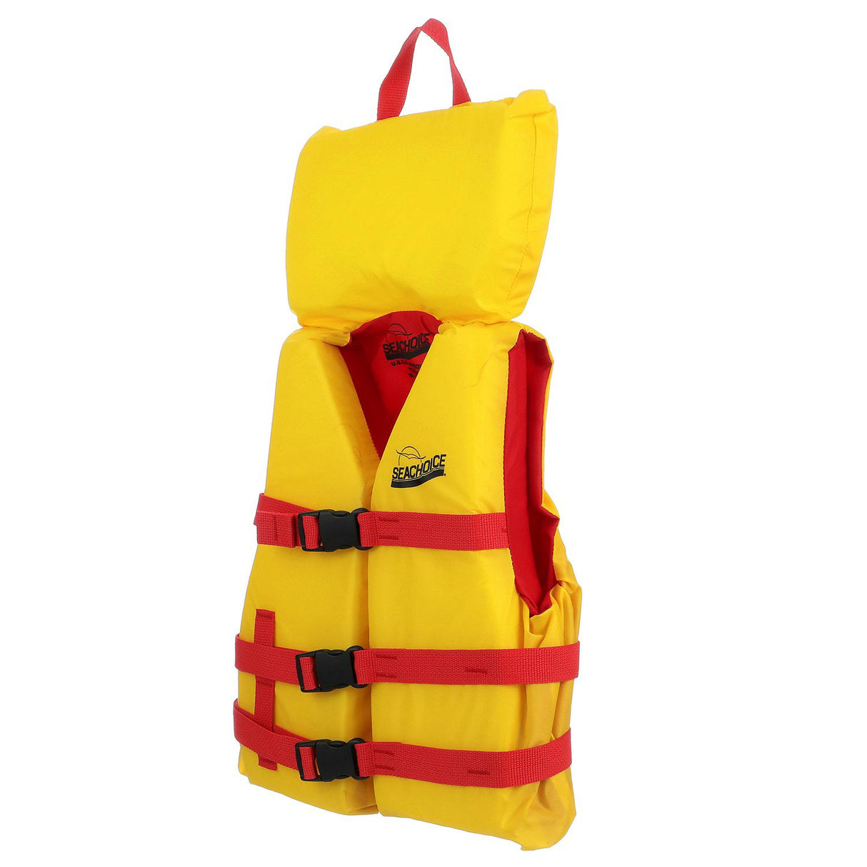 Seachoice 86120 Type II Deluxe Adjustable Boat Vest w/ Grab Handle, Bright Yellow and Red, Youth, 50-90 Lbs.