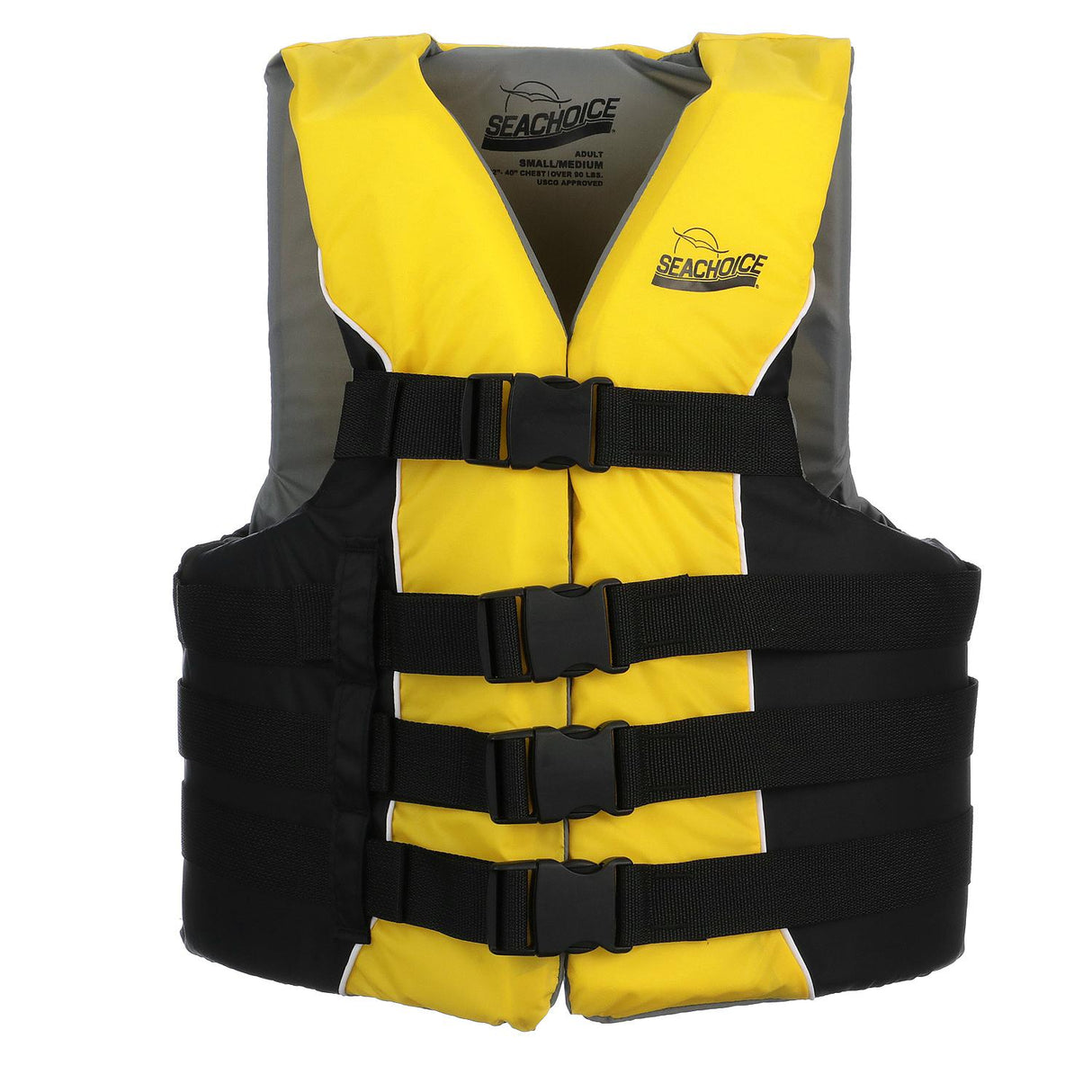 Seachoice 86410 Level 70 Life Jacket, Deluxe Adjustable 4-Belt Ski Vest, Yellow and Black, Size S/M: 32-40 in. Chest