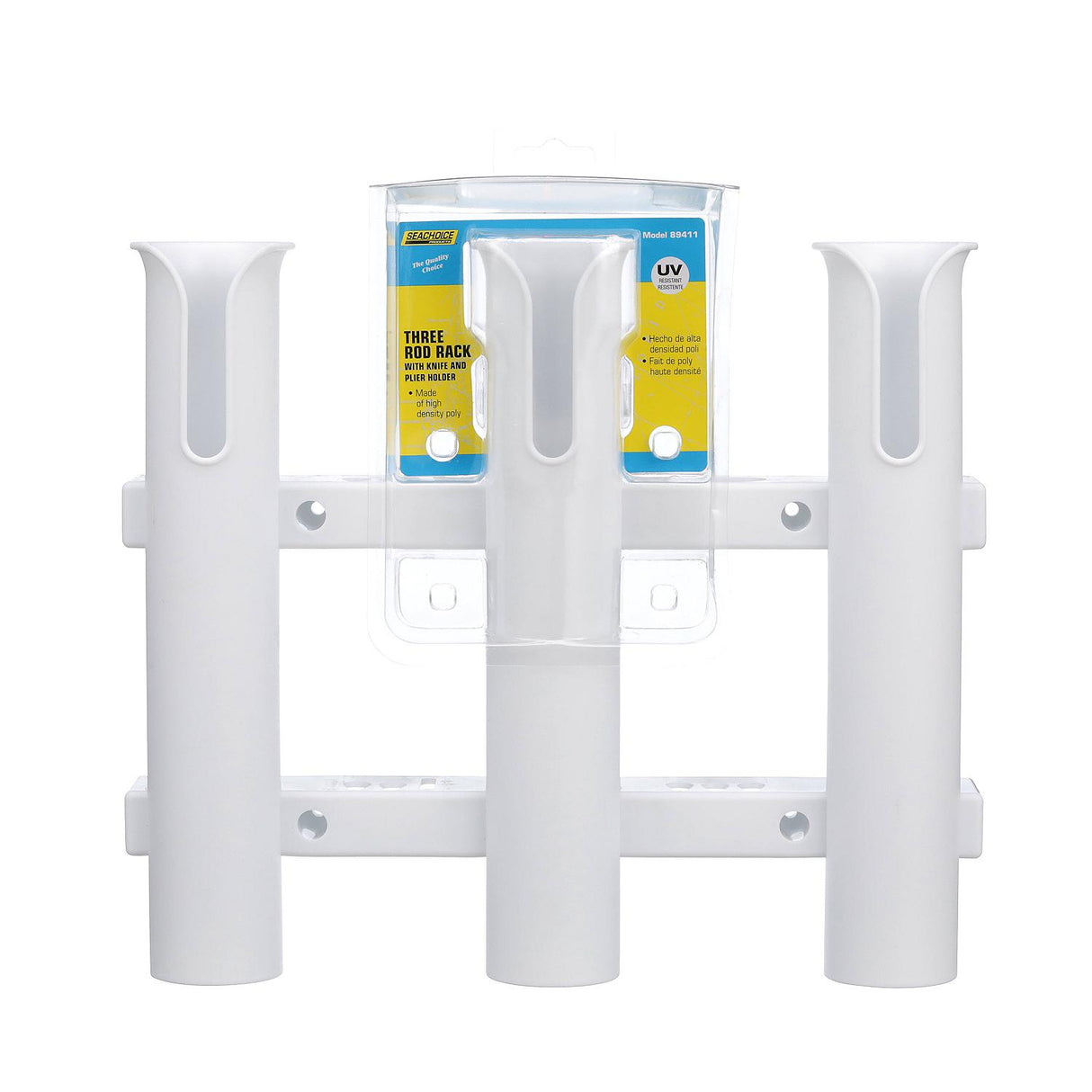 Seachoice Fishing 3-Rod Storage Rack, Holds 3 Fishing Rods With Slots for Knives and Pliers, White