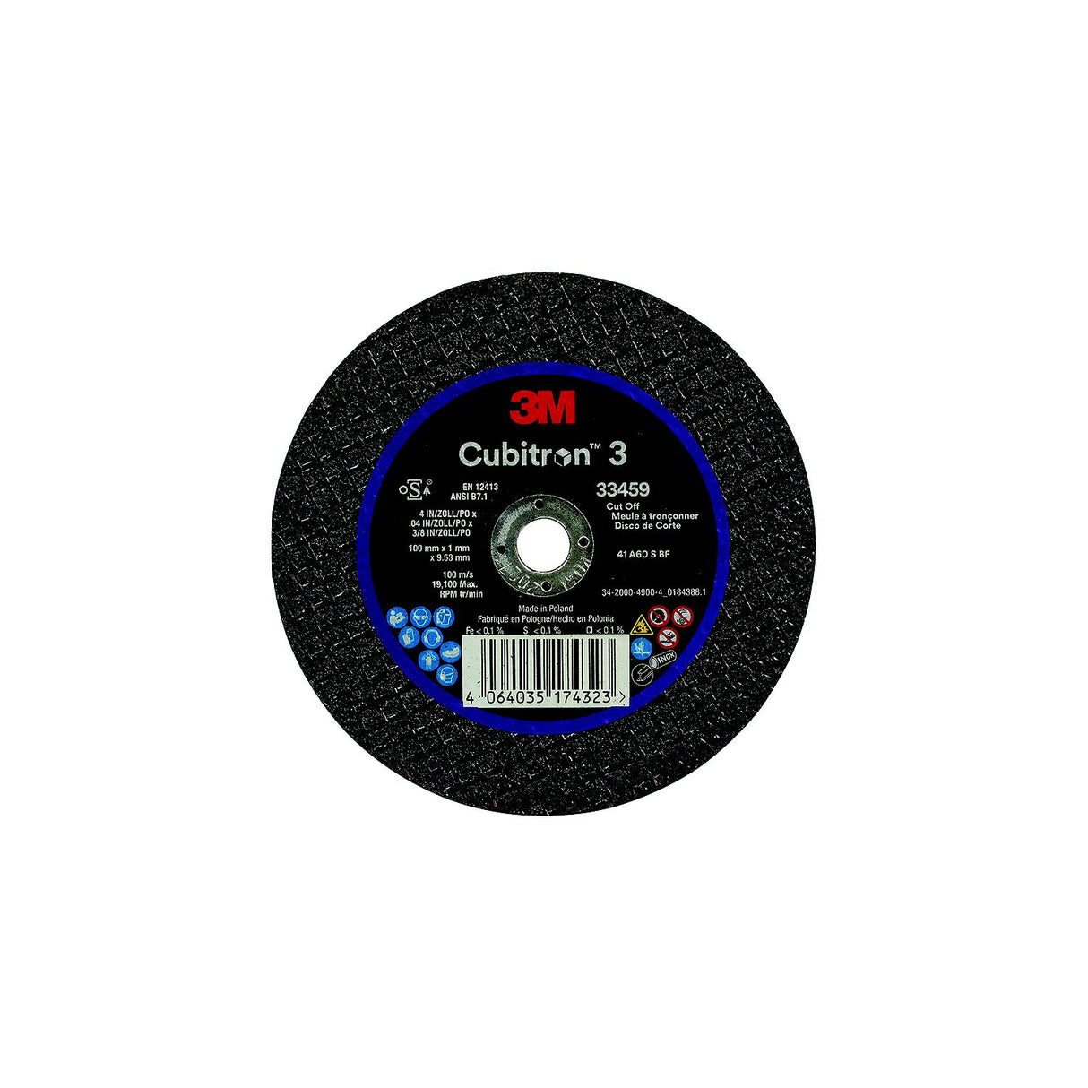 3M 33459 Cubitron™ 3 Cut-Off Wheel, Quantity: 5, 4" x 0.04" x 3/8"