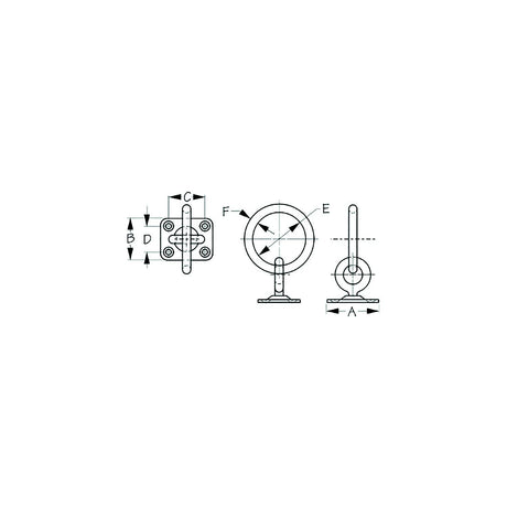 Sea-Dog 089513 Swivel Eye Plate with Ring, A:2", B:1-9/16", C:1-3/8", D:1", E: 1-15/16" F:5/16" #10 FH