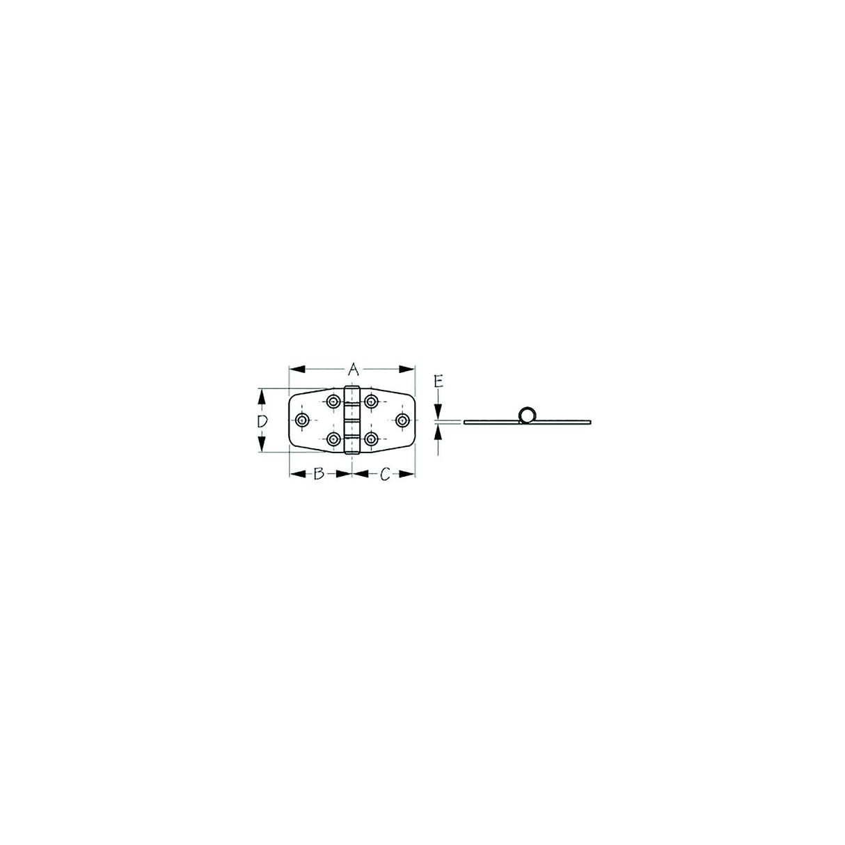 Sea-Dog 2035301 Dampening Door Hinge, #8 FH, Weight= .11/ .22 A= 2-7/8" , B=1-7/16", C=1-7/16" D=1-1/2", E=1/16"