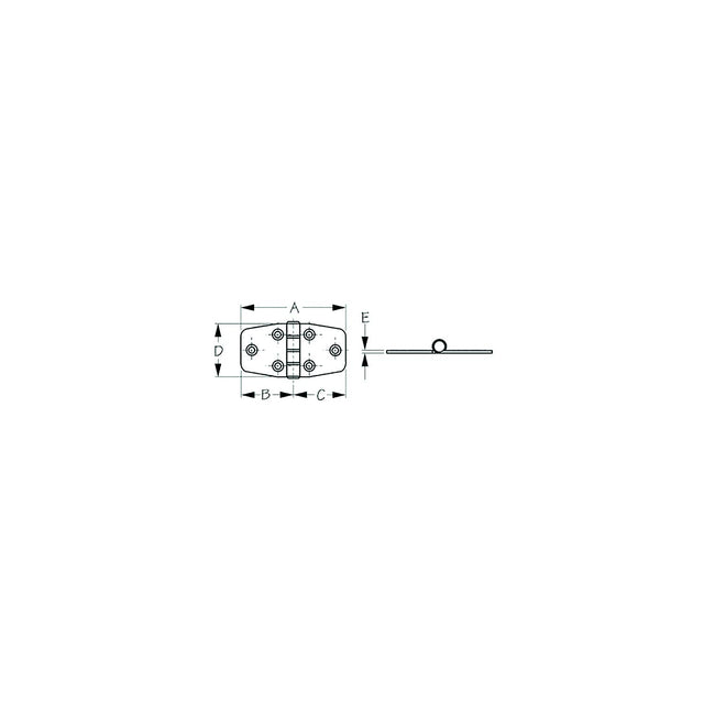 Sea-Dog 2035301 Dampening Door Hinge, #8 FH, Weight= .11/ .22 A= 2-7/8" , B=1-7/16", C=1-7/16" D=1-1/2", E=1/16"