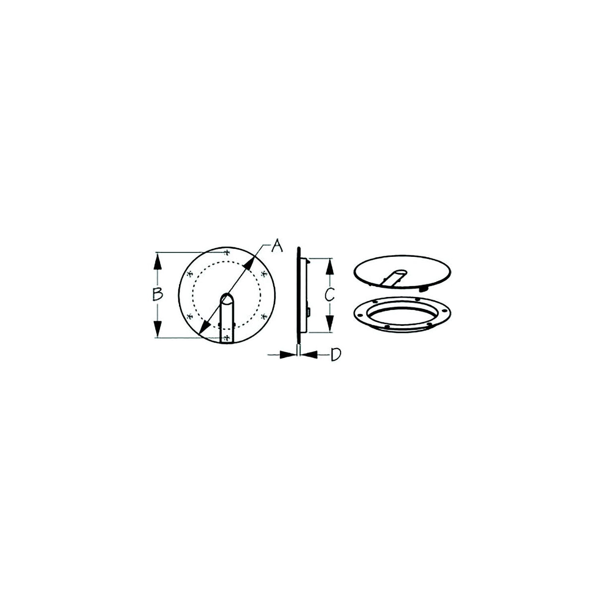Sea-Dog 3364101 Low Profile Pop-Out Deck Plate, A: 6" , B:5-1/4", C=4-1/8", D: 3/16", White, #8 FH