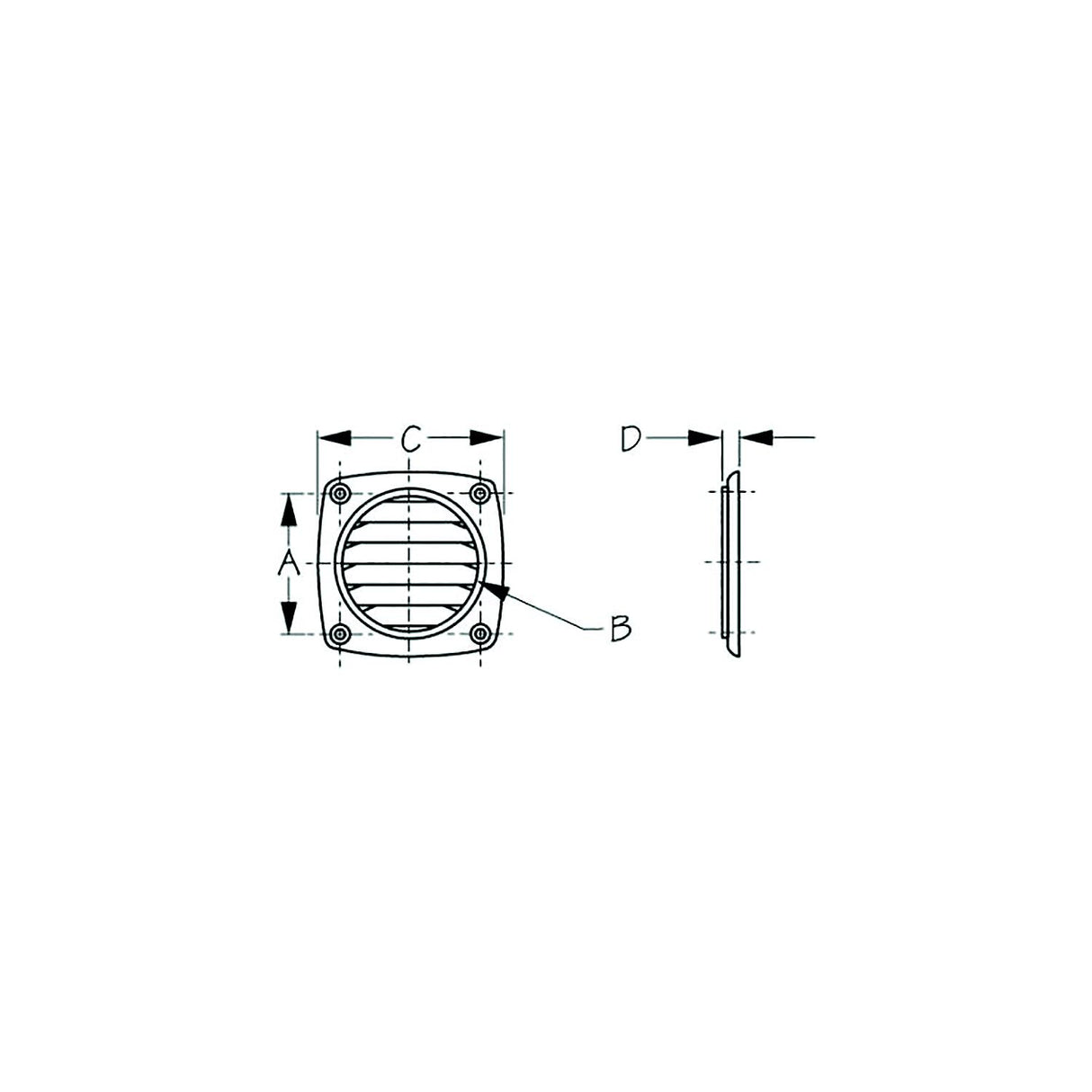 Sea-Dog 3373161 Flush Hose Vent, 3" Hose,  A: 2-13/16", B: 2-3/4", C:3-11/16", D:5/16" ,Hose/ Hole Size : Up to 3", White