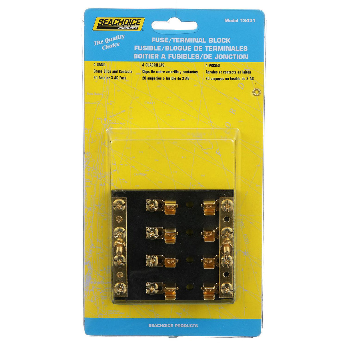 Seachoice 4-Gang Fuse and Terminal Block, Brass Clips and Contacts, SFE 20 Amp of 3AG Fuse