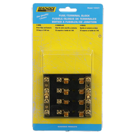 Seachoice 4-Gang Fuse and Terminal Block, Brass Clips and Contacts, SFE 20 Amp of 3AG Fuse