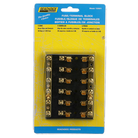 Seachoice 6-Gang Fuse and Terminal Block, Brass Clips and Contacts, SFE 20 Amp of 3AG Fuse