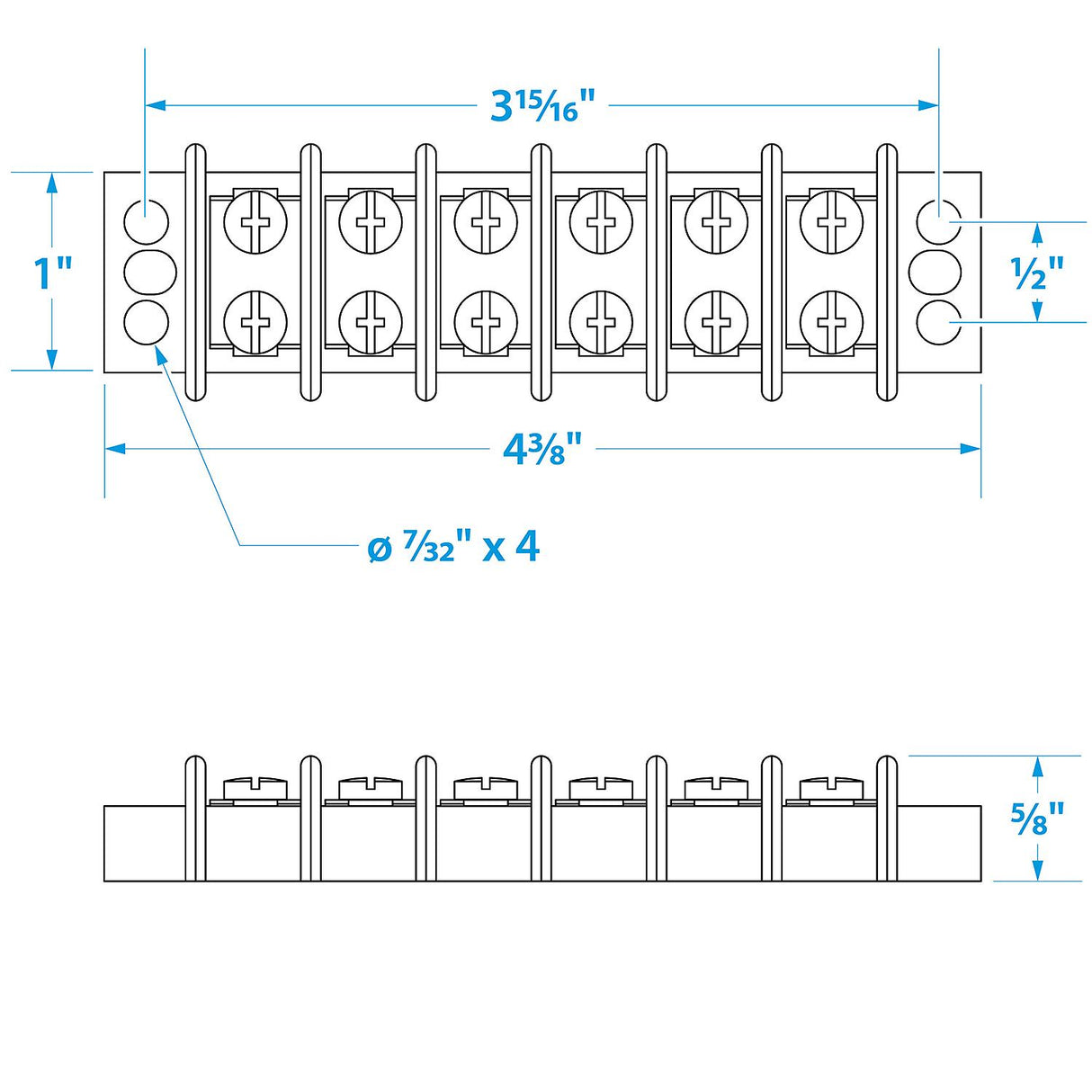 Seachoice 13571 Terminal Block, 6-Gang, Nickel Plated Brass Terminals