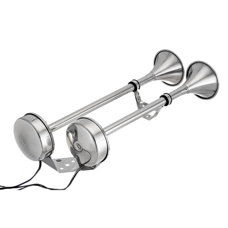 Seachoice 14631 Dual Trumpet Electric Horn, Stainless Steel, 123 dB Rating, 24V, 5 Max Amps. 18-1/2 in. L X 8 in. W X 5 in. H