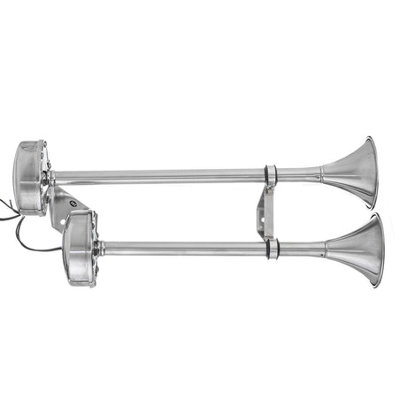 Seachoice 14631 Dual Trumpet Electric Horn, Stainless Steel, 123 dB Rating, 24V, 5 Max Amps. 18-1/2 in. L X 8 in. W X 5 in. H