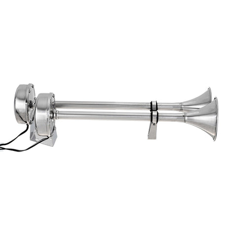 Seachoice 14631 Dual Trumpet Electric Horn, Stainless Steel, 123 dB Rating, 24V, 5 Max Amps. 18-1/2 in. L X 8 in. W X 5 in. H