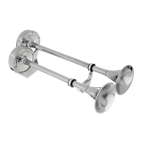 Seachoice 14631 Dual Trumpet Electric Horn, Stainless Steel, 123 dB Rating, 24V, 5 Max Amps. 18-1/2 in. L X 8 in. W X 5 in. H