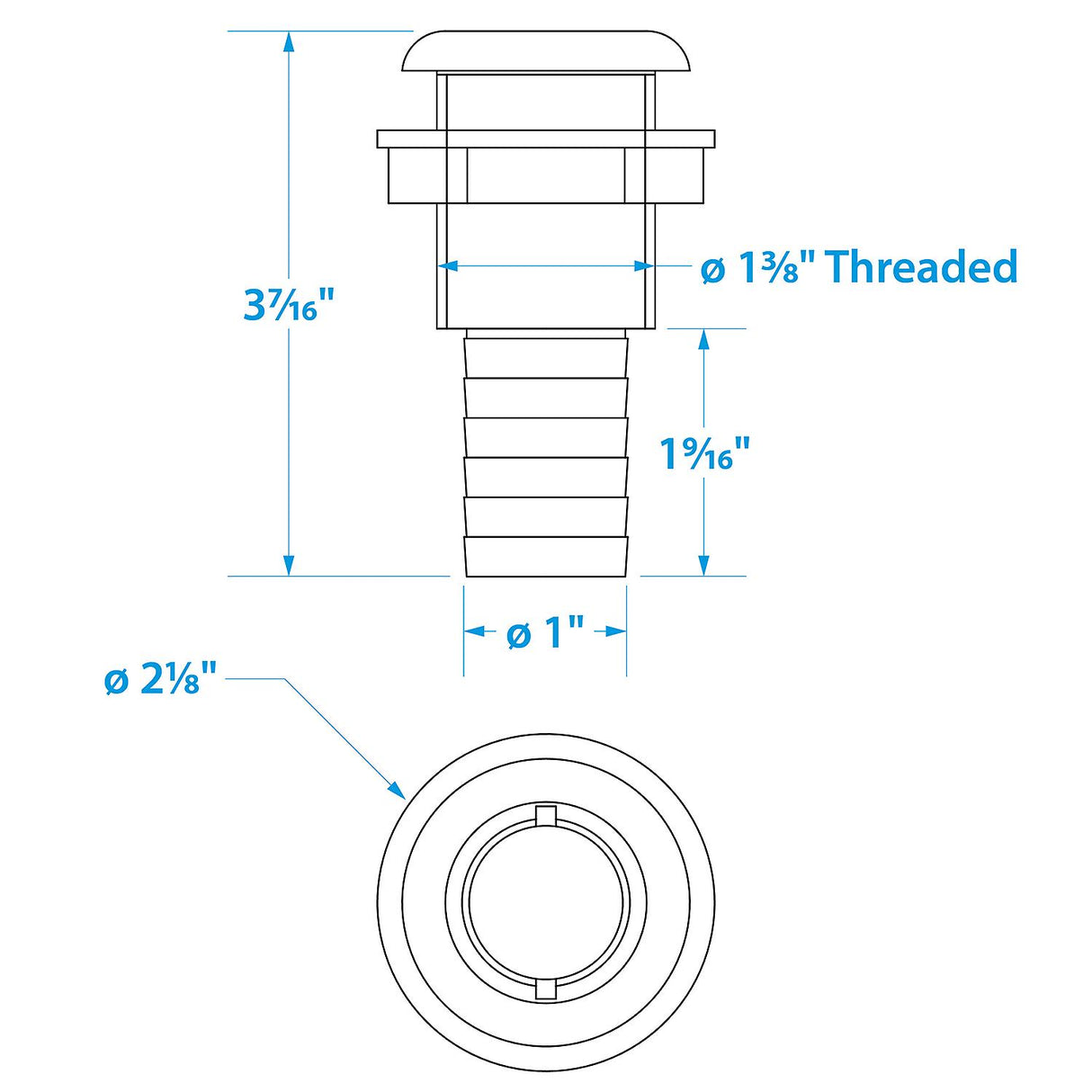 Seachoice Thru-Hull Connector w/ Broad Flange, Fits 1 In. ID Hose, 1-1/4 In. Max Hull