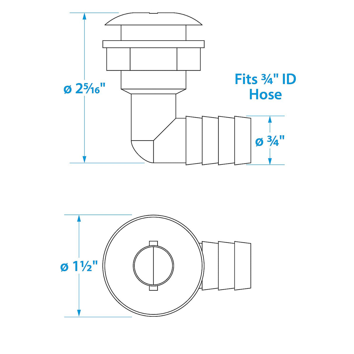 Seachoice 90-Degree Angled Thru-Hull Connector, White Finish, 0.75 in.