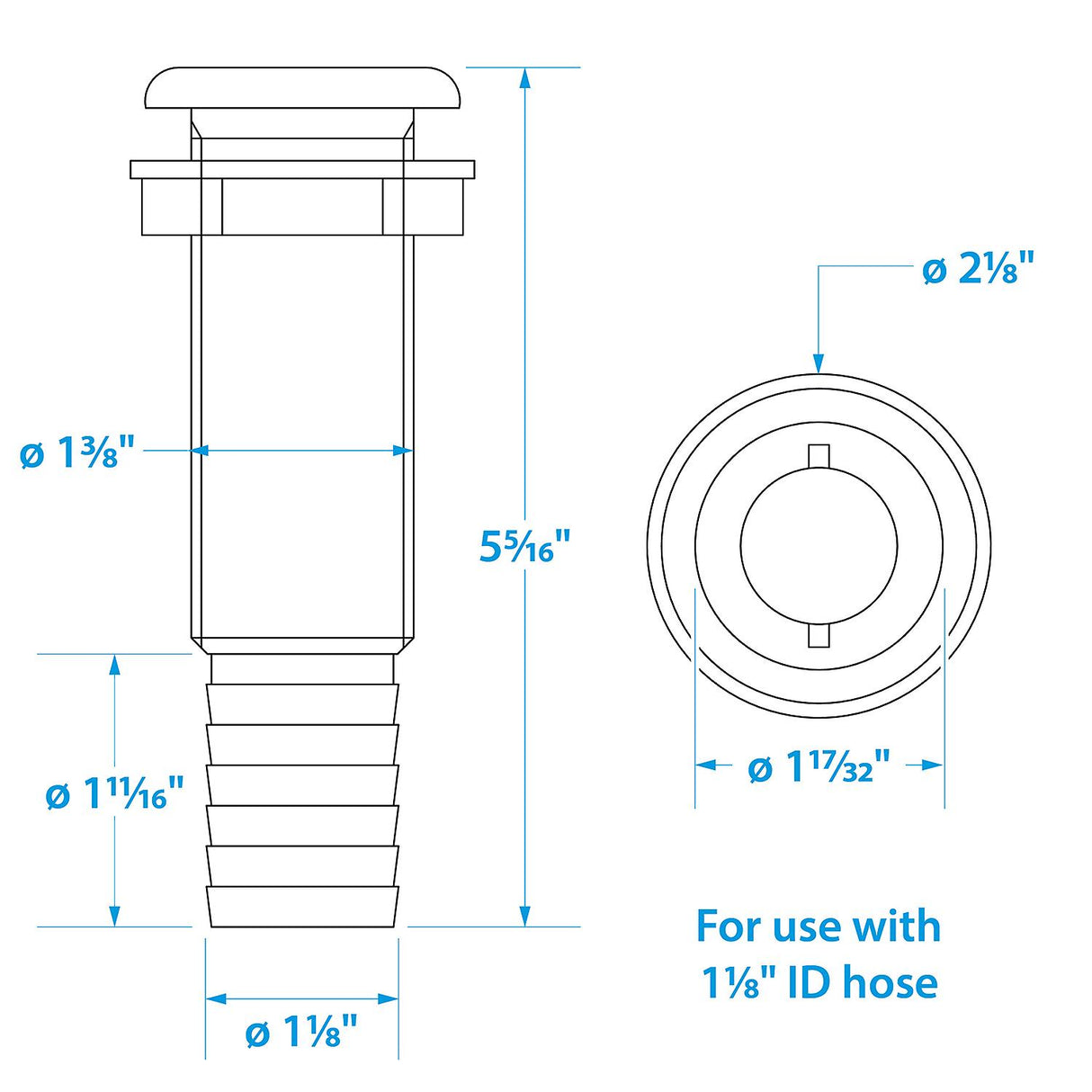 Seachoice Extra Long Thru-Hull Fitting w/ Broad Flange For 1-1/8 In. ID Hose, 3 In. Long Thread