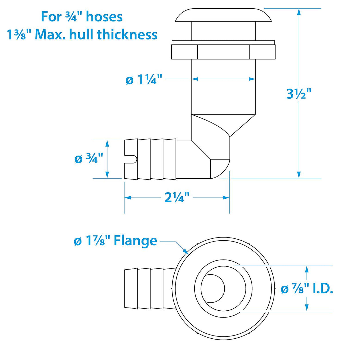 Seachoice 90-Degree Thru-Hull Connector, Fits 3/4 In. ID Hose, 1-3/8 In. Max Hull, White