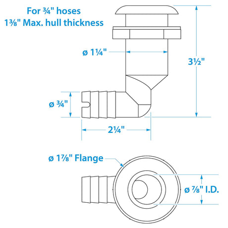 Seachoice 90-Degree Thru-Hull Connector, Fits 3/4 In. ID Hose, 1-3/8 In. Max Hull, White