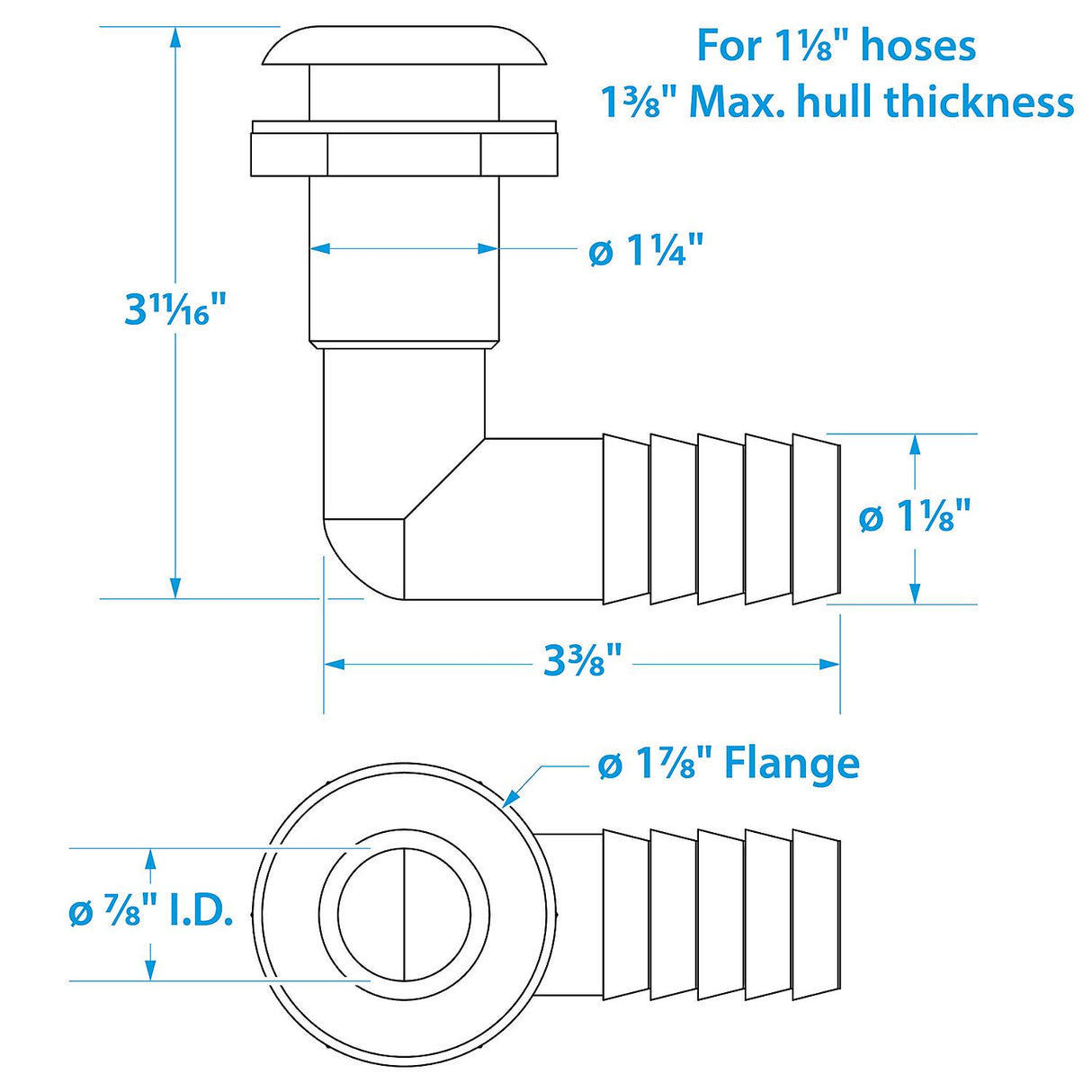 Seachoice 90-Degree Thru-Hull Connector, Fits 1-1/8 In. ID Hose, 1-3/8 In. Max Hull