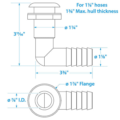 Seachoice 90-Degree Thru-Hull Connector, Fits 1-1/8 In. ID Hose, 1-3/8 In. Max Hull