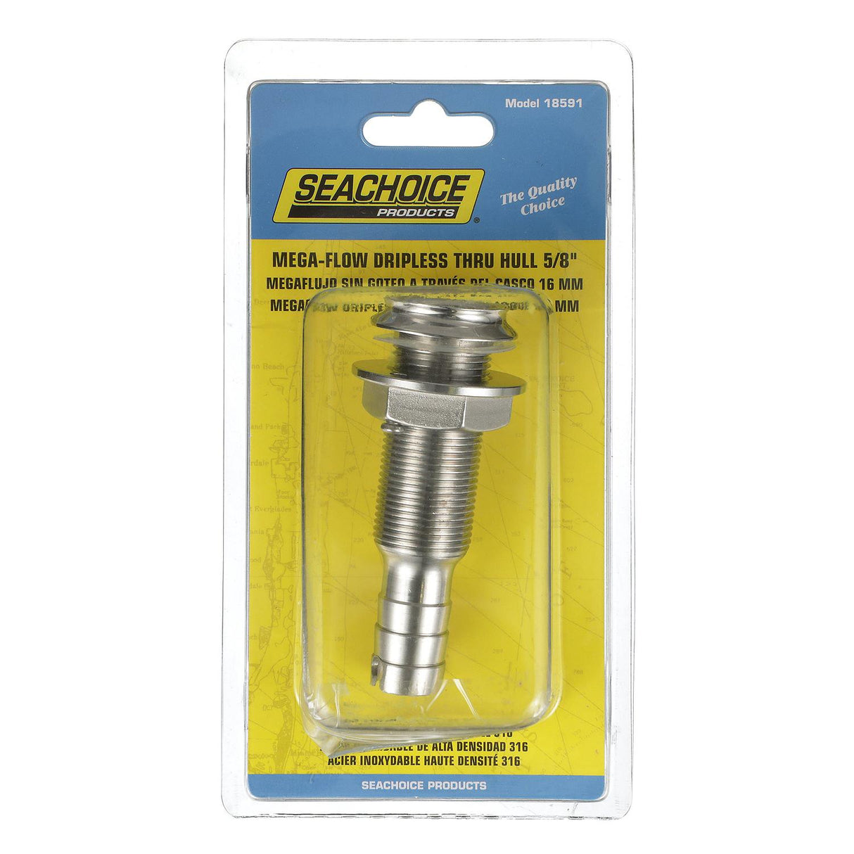Seachoice Mega-Flow Dripless Thru Hull Fitting, 316 Stainless Steel, Fits 5/8 in. Hose, 1-1/2 in. Max. Hull