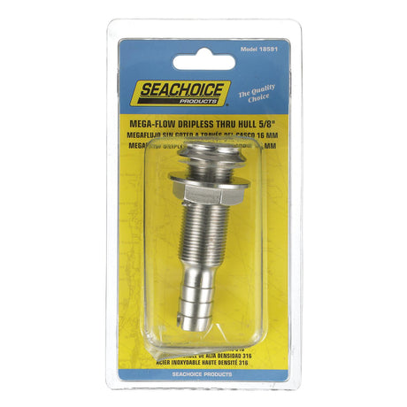 Seachoice Mega-Flow Dripless Thru Hull Fitting, 316 Stainless Steel, Fits 5/8 in. Hose, 1-1/2 in. Max. Hull