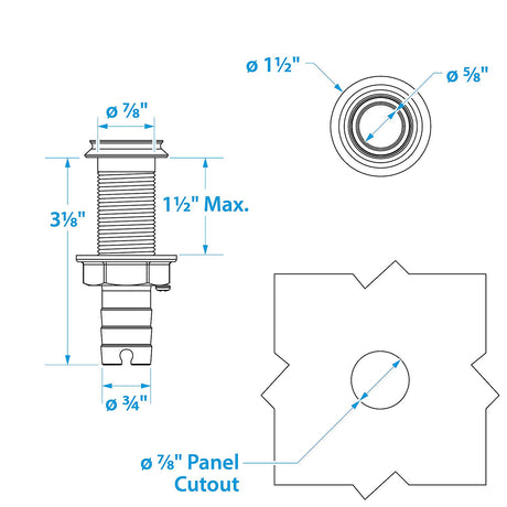Seachoice Mega-Flow Dripless Thru Hull Fitting, 316 Stainless Steel, Fits 3/4 in. Hose, 1-1/2 in. Max. Hull
