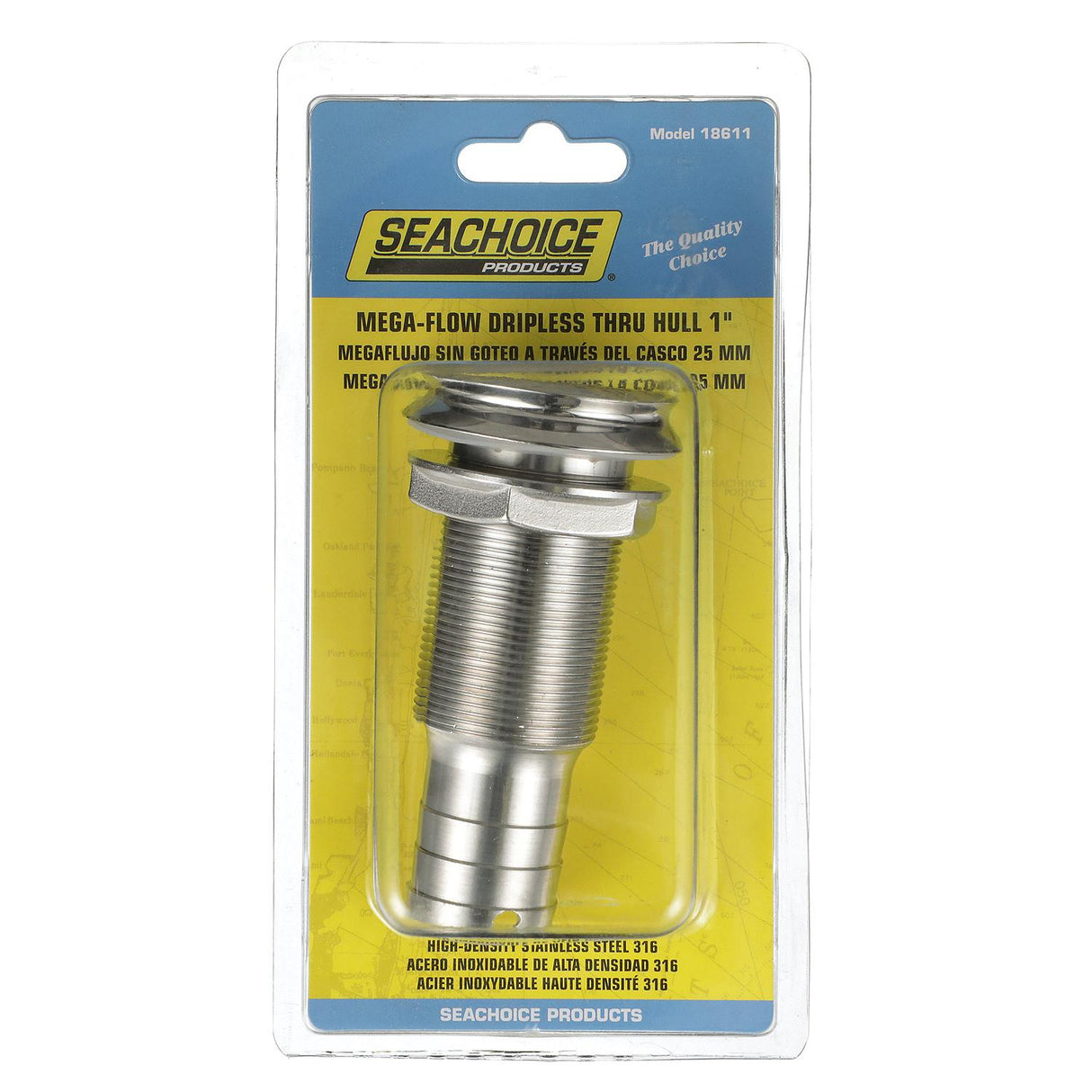 Seachoice Mega-Flow Dripless Thru Hull Fitting, 316 Stainless Steel, Fits 1 in. Hose, 1-1/2 in. Max. Hull