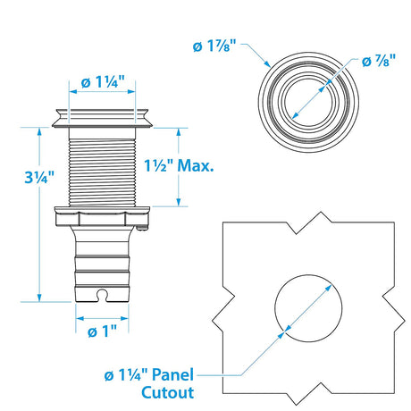 Seachoice Mega-Flow Dripless Thru Hull Fitting, 316 Stainless Steel, Fits 1 in. Hose, 1-1/2 in. Max. Hull